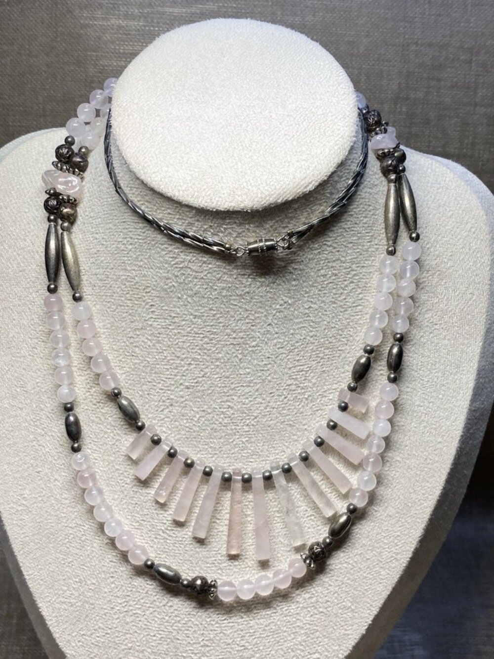 Vintage Rose Quartz Multi Strand Necklace Tested Silver Boho Artisan c.1970–1980
